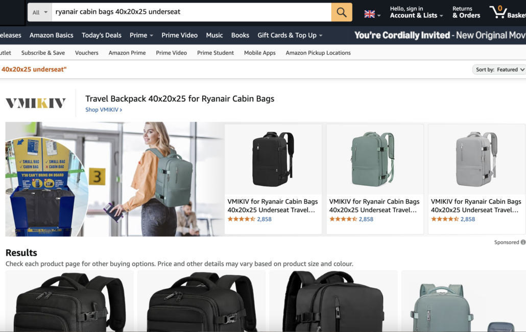 A person with a backpack in an airport, browsing Amazon for travel backpacks fitting Ryanair cabin size restrictions, highlighted by product listings.